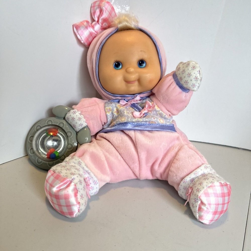 2002 FISHER PRICE SOFT PLUSH BABY'S FIRST DOLL VINYL FACE RATTLE IN HAND 11" 